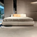 White Bouclé Upholstered Bed with Rounded Headboard & Low-Profile Base